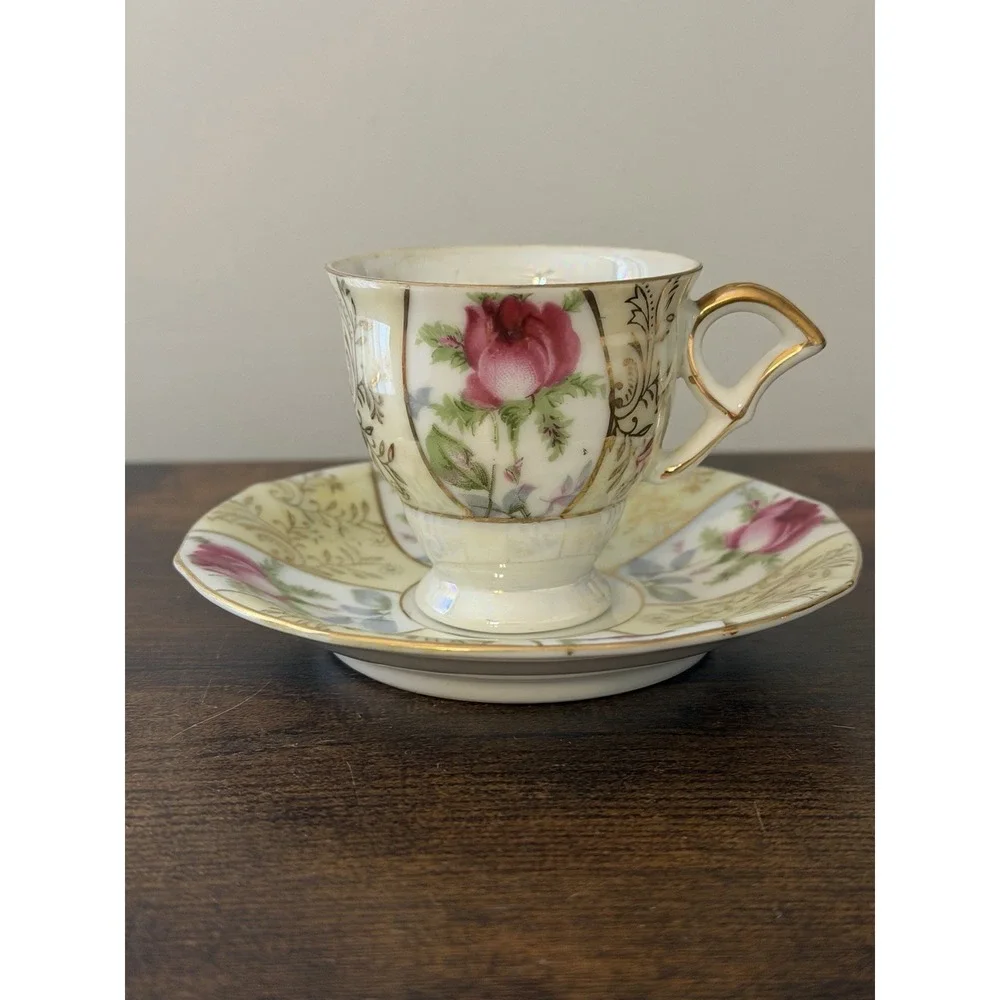 Vintage 1950s Japan Demitasse Cup Saucer Pink Roses Gold Lusterware Porcelain